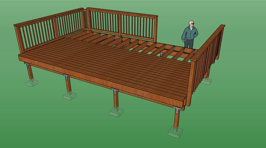 Diagram of deck footings, posts, beams and joists