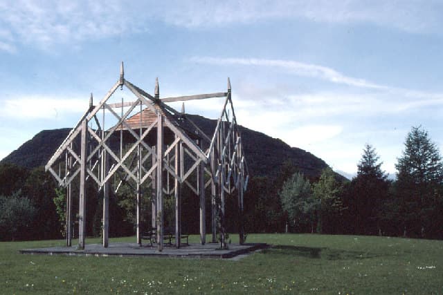 Pergola in the new arboretum, Muckross. This pergola is built of timber and has climbing plants around it.